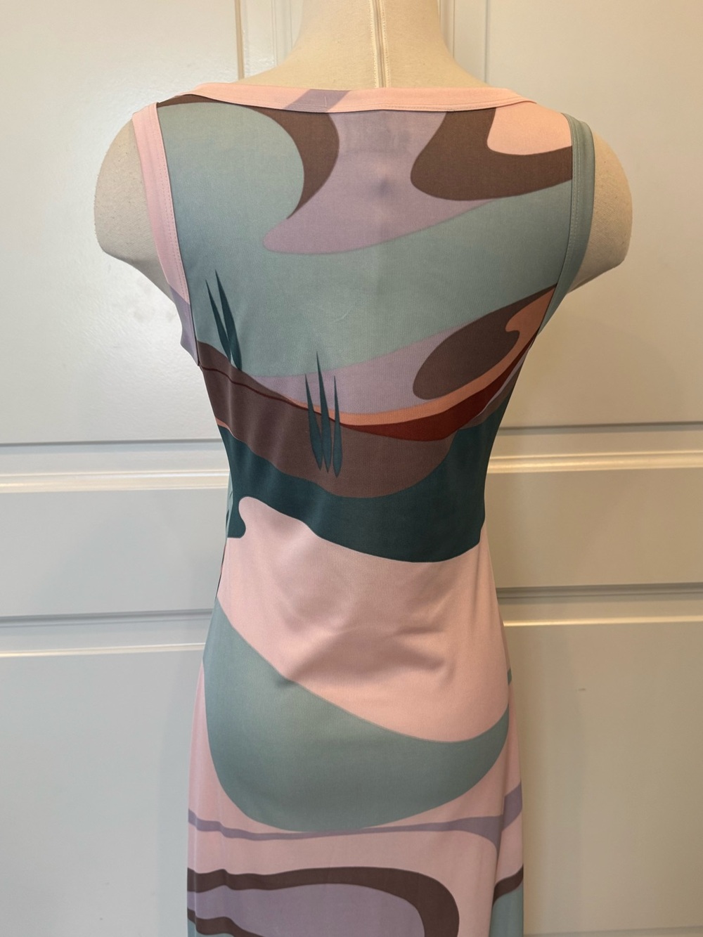 Amazing Vintage Art Nouveau Print Pink 60s 70s Maxi Column Gown Sleeveless Dress - Picture 9 of 10